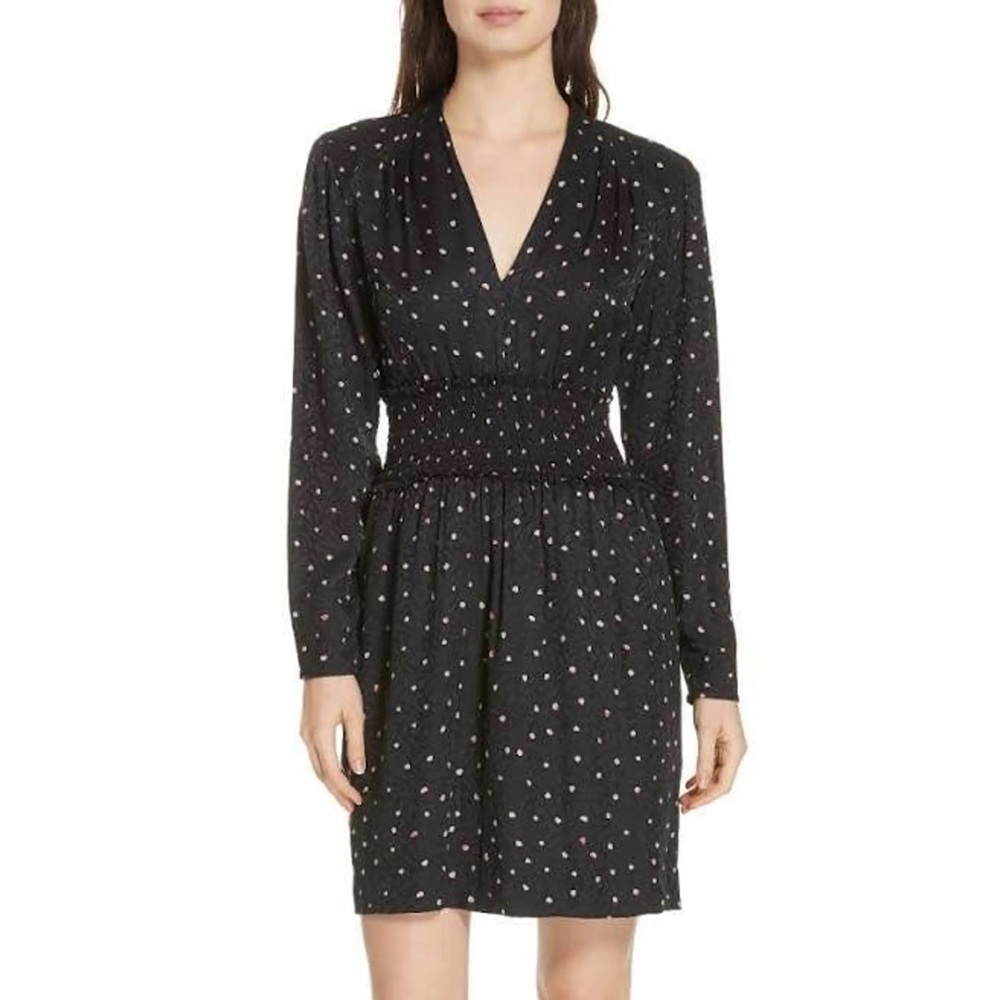 Rebecca Taylor Silk Blend Smocked Waist Mini Dress V-Neck Black Floral Dot 4